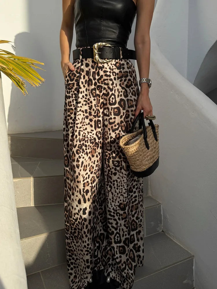 UNIZERA Leopard Satin with Belt High Waisted Trousers Wide Leg Pants Women's Clothing 2025 Summer New Arrivals Casual Pants Aviola