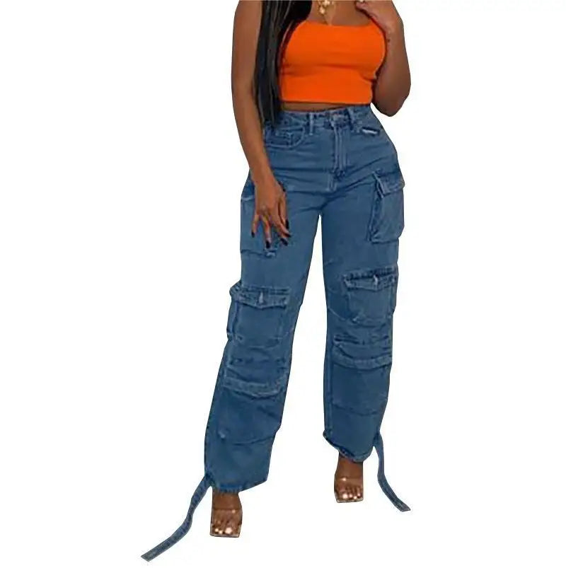 Women Jeans Washing Denim Patchwork Cargo Pants Pockets Mid Waist Zipper Mom Jeans Winter 2025 Slight Strech High Street Loose Aviola