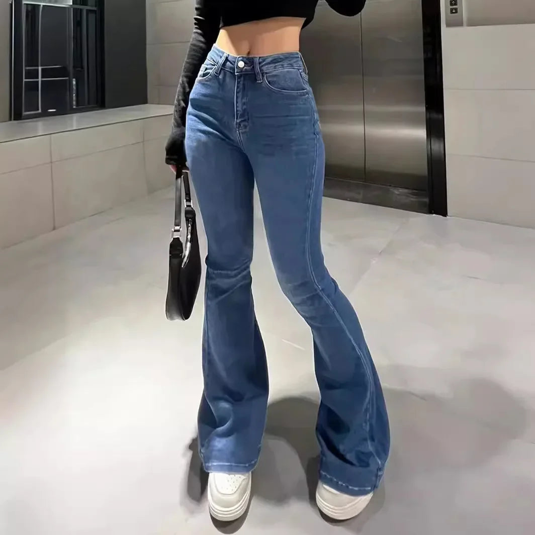 Flare Pants Women Jeans High Waist Streetwear Trousers Skinny Stretch Distressed Washed Pocket 2025 Y2k Mom Jeans Vintage Denims Aviola