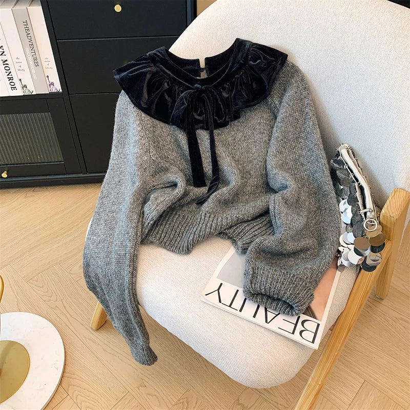 MEXZT Vintage Bow Sweater Women Streetwear Velvet Patchwork Knitted Pullovers Long Sleeve Knitwears Winter Korean Casual Jumpers Aviola