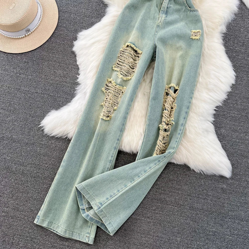 Denim Jumpsuits Women Hole One Piece Wide Leg Pants Sleeveless Strapless Distressed Mom Pockets Jeans Streetwear Summer 2025 Aviola