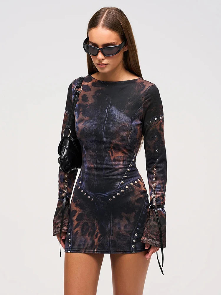 Nibber Leopard Print Women Dress Rivet Frenulum Gradient Long Sleeves Skinny Midnight American Retro Rock Style Mini Bodycon Aviola
