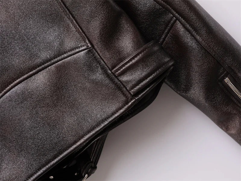Dark brown Coal graysty le Women's washed leather jacket with belt, short coat with downgraded zipper and vintage lapel jacket Aviola