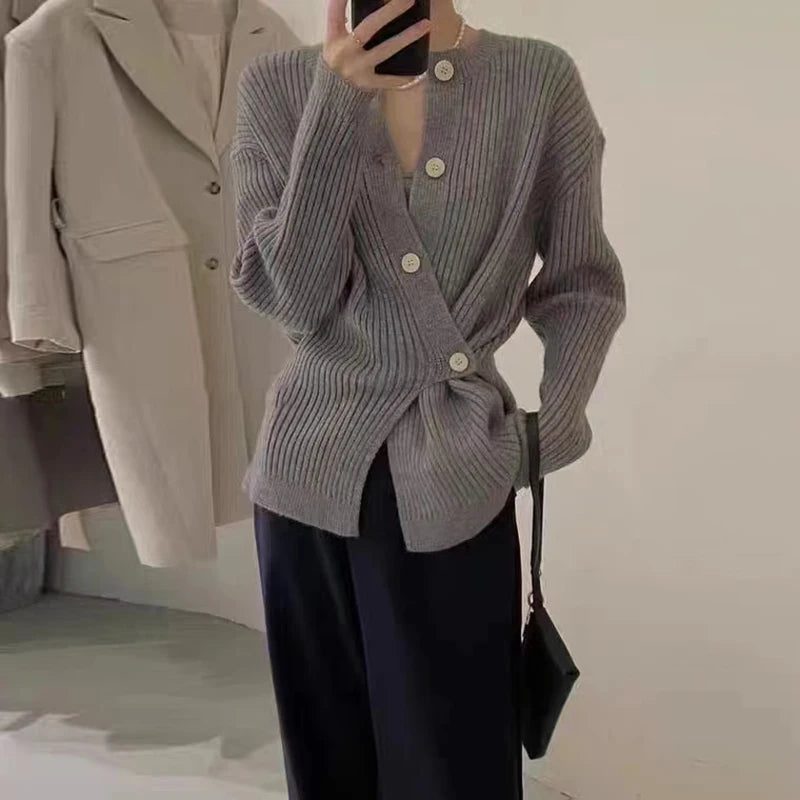 MEXZT Irregular Knitted Cardigan Women Elegant Black Sweater Coat Korean Fashion Slim Knitwear Winter Ladies Basic Chic Jumpers Aviola