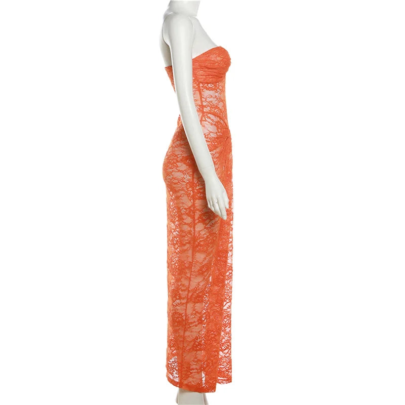 Nibber Lace See-Through Sexy Woman Long Wrap Sleeveless Dress Coquette Ruffles Nightclub Party High Stretch Charming Vestidos Aviola