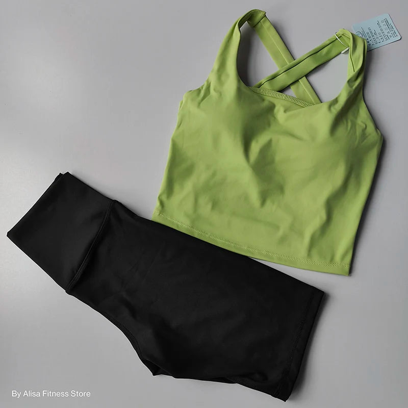 2PCS  Women Yoga Set Workout Sports Bra Set Sportswear Gym Clothing Fitness Long Sleeve Crop Top High Waist Shorts Sports Suits Aviola