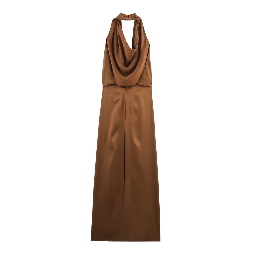 BM&MD&ZA2025silk satin texture halter neck temperament backless slim solid color midi dress summer women's wear Aviola