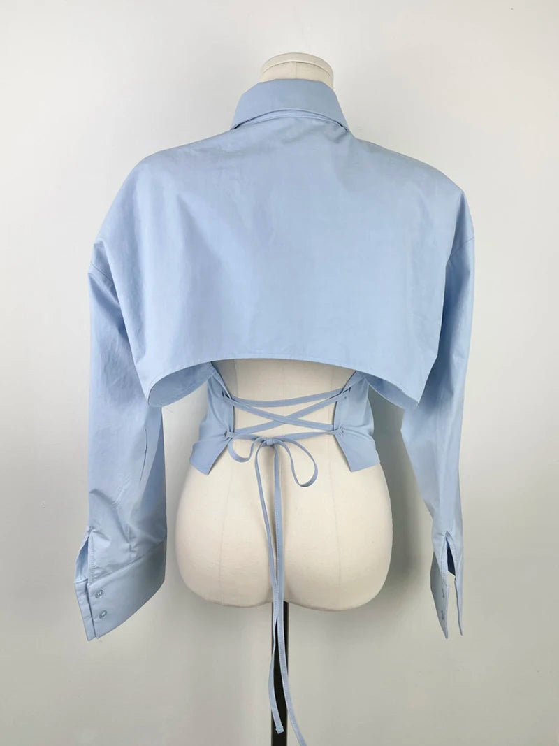 MEXZT Korean Long Sleeve Shirt Women Sexy Strap Backless Chic Blouse Office Lady Slim Lace Up Turn Down Collar Casual Top Aviola