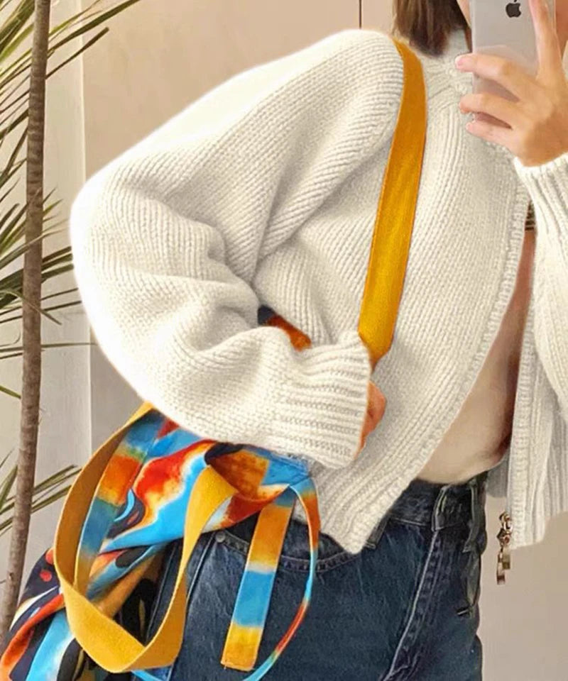 MEXZT Solid Knitted Cardigan Women Sweet Zipper Cropped Sweaters Korean Vintage Casual Knitwear Coat Loose Short Jumpers Jackets Aviola