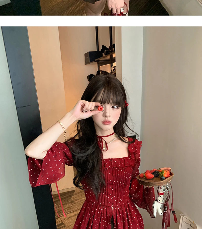 MEXZT Vintage Polka Dots Shirts Women Elegant Red Ruffles Lace Up Blouses Summer Korean Square Collar Long Sleeve Design Tops Aviola