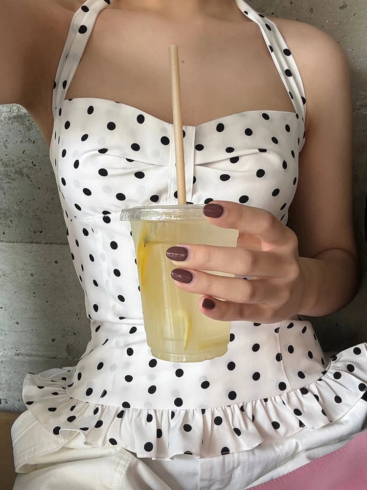Nibber Polka Dot Print Tops Women Halter Low-Neck Bandage Ruffles Backless Sleeveless Skinny Fashion Street Versatile Vest Aviola
