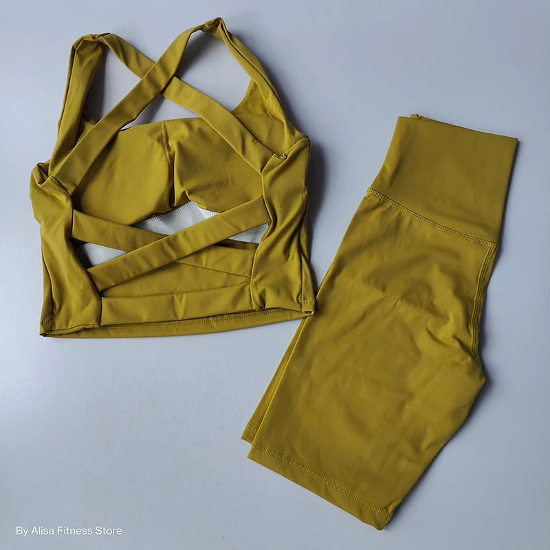 2PCS  Women Yoga Set Workout Sports Bra Set Sportswear Gym Clothing Fitness Long Sleeve Crop Top High Waist Shorts Sports Suits Aviola
