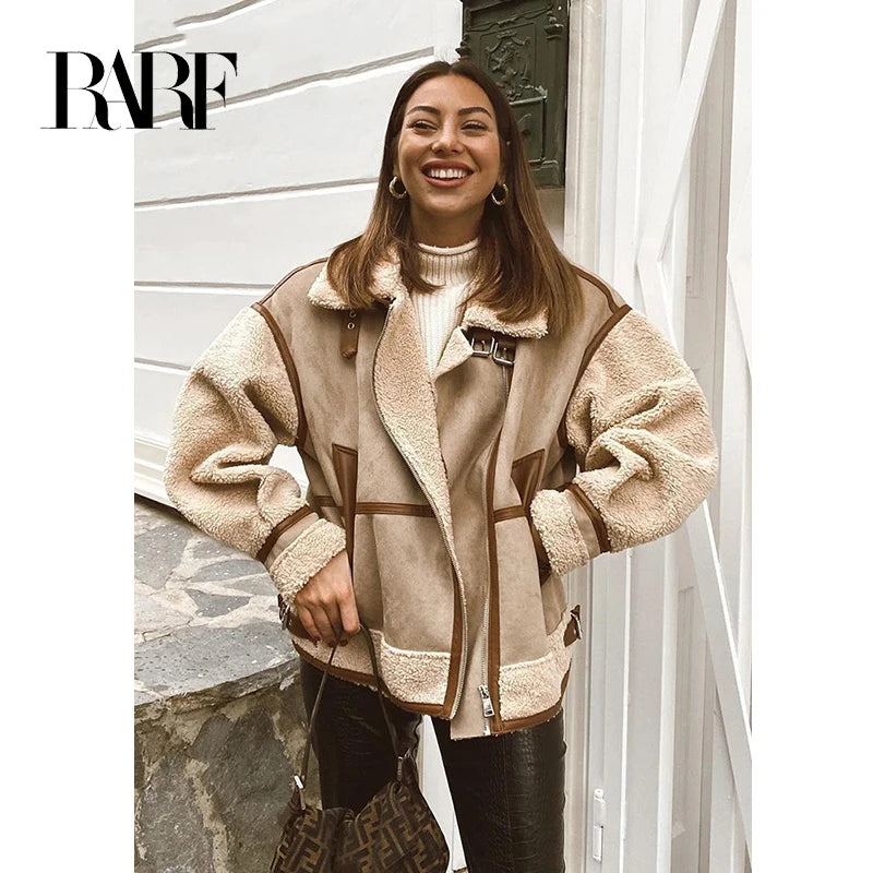 RARF 2025 Autumn Winter Women Warm Faux Fur Fleece Coat Jacket Female Loose Patchwork Thickened Locomotive Lapel Chic Outwear Aviola