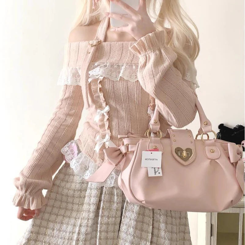 MEXZT Kawaii Pink Slash Neck Sweater Women Lolita Lace Patchwork Knitted Pullovers Y2K Cropped Halter Knitwear Aesthetic Jumpers Aviola