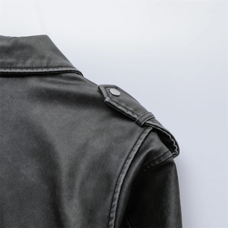 RARF 2024 Women's new short make old effect imitation leather motorcycle jacket jacket women's washed gray leather coat Aviola