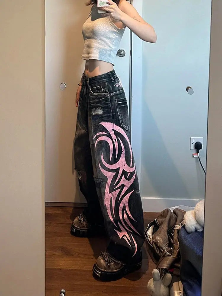 Denim Pant Women Jeans Wide Leg Long Pants Hole High Waist Straight Trousers Y2k Streetwear Print Mom Jeans Casual Loose 2025 Aviola