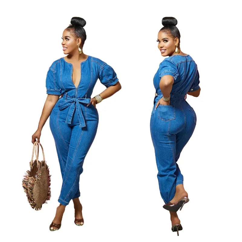 Sexy Denim Jumpsuit for Women Lace-up Pencil Pant Jeans Short Sleeve Sashes Long Rompers Playsuits One Piece Overalls Outfits Aviola