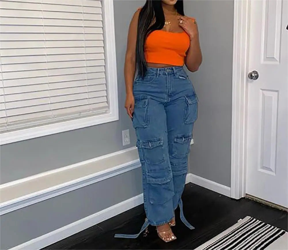 Women Jeans Washing Denim Patchwork Cargo Pants Pockets Mid Waist Zipper Mom Jeans Winter 2025 Slight Strech High Street Loose Aviola