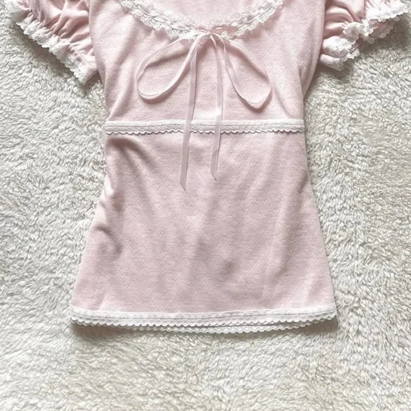 MEXZT Kawaii Pink T Shirt Women Japanese Cute Bow Lace Up Tops Summer Y2K Korean Fashion Lace Patchwork Puff Short Sleeve Tees Aviola