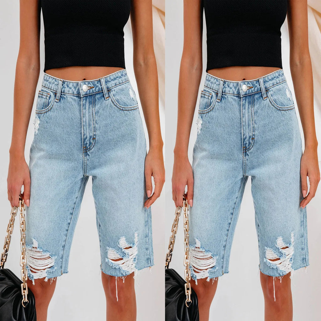 Jeans Denim Pant Women Knee Length Pants Pockets High Waist Casual Straight Trousers Y2k Streetwear Mom Club Summer 2025 Aviola