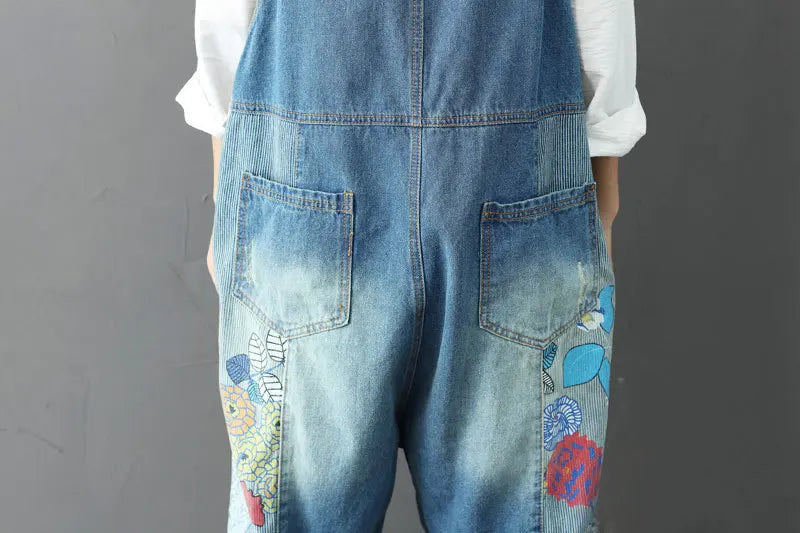 Overalls Women Suspenders Sling Jumpsuits Denim One Piece Wide Leg Long Pants High Waist Rompers Y2k Streetwear Print Floral Aviola