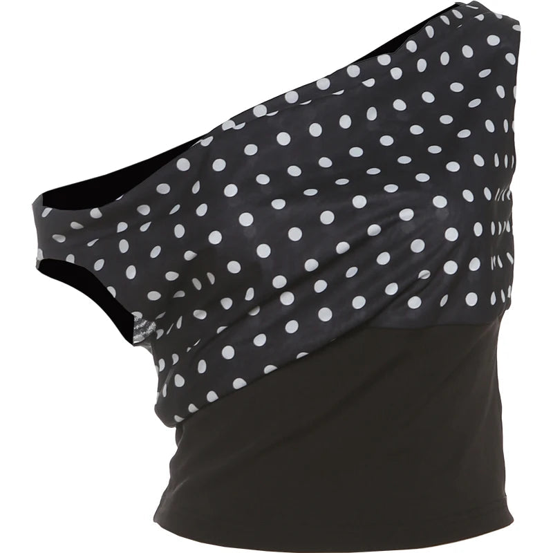 Nibber Daily Skew Collar Off Shoulder T-Shirt Women Polka Dots Print Summer Trend Backless Street Fashion Trend Ruched Crop Tops Aviola