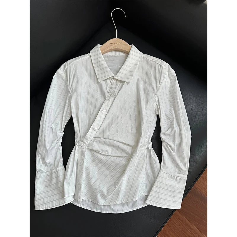 MEXZT Elegant Striped Shirts Women Vintage Irregular Long Sleeve Blouses Office Ladies Korean Chic Buttons Slim Design Tops New Aviola