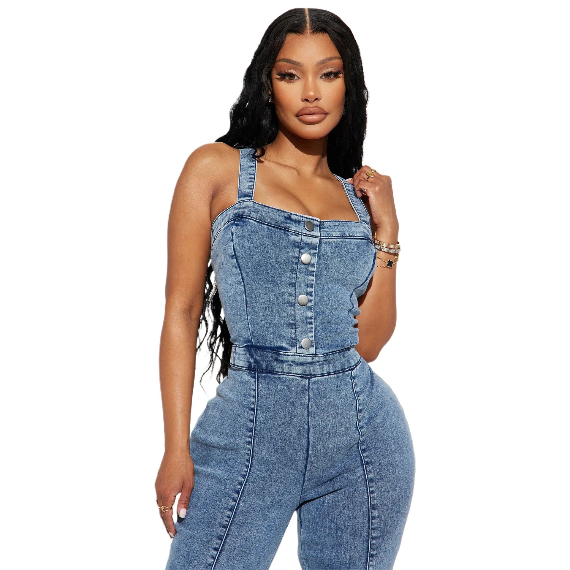 Women Jeans Rompers Sexy Overalls Jumpsuits Square Collar One Piece Solid Flare Pants Ankle Length Baics Spliced Button Aviola