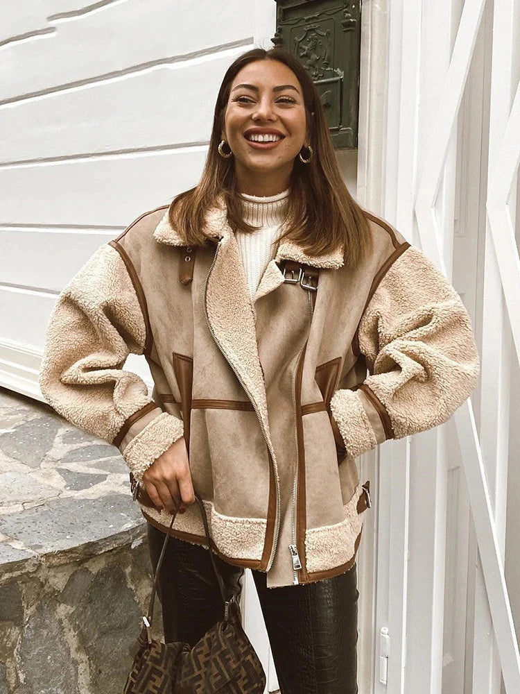 RARF 2025 Autumn Winter Women Warm Faux Fur Fleece Coat Jacket Female Loose Patchwork Thickened Locomotive Lapel Chic Outwear Aviola