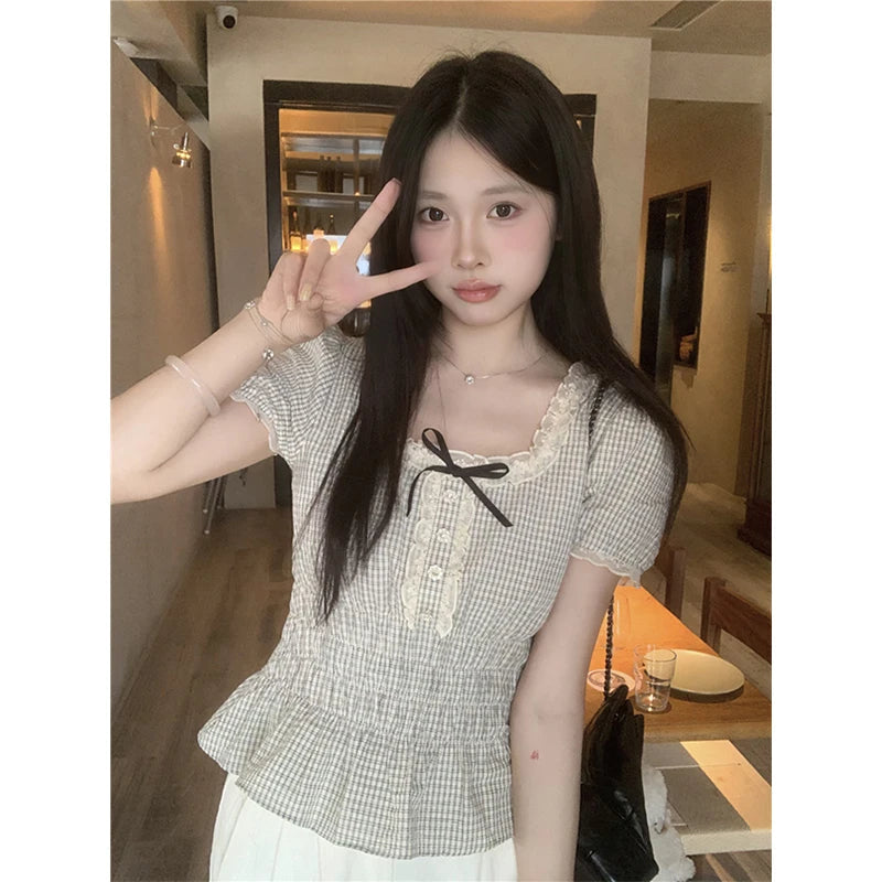MEXZT Vintage Plaid Shirts Women Japanese Harajuku Bow Lace Patchwork Blouses Summer Kawaii Cute Puff Short Sleeve Casual Tops Aviola
