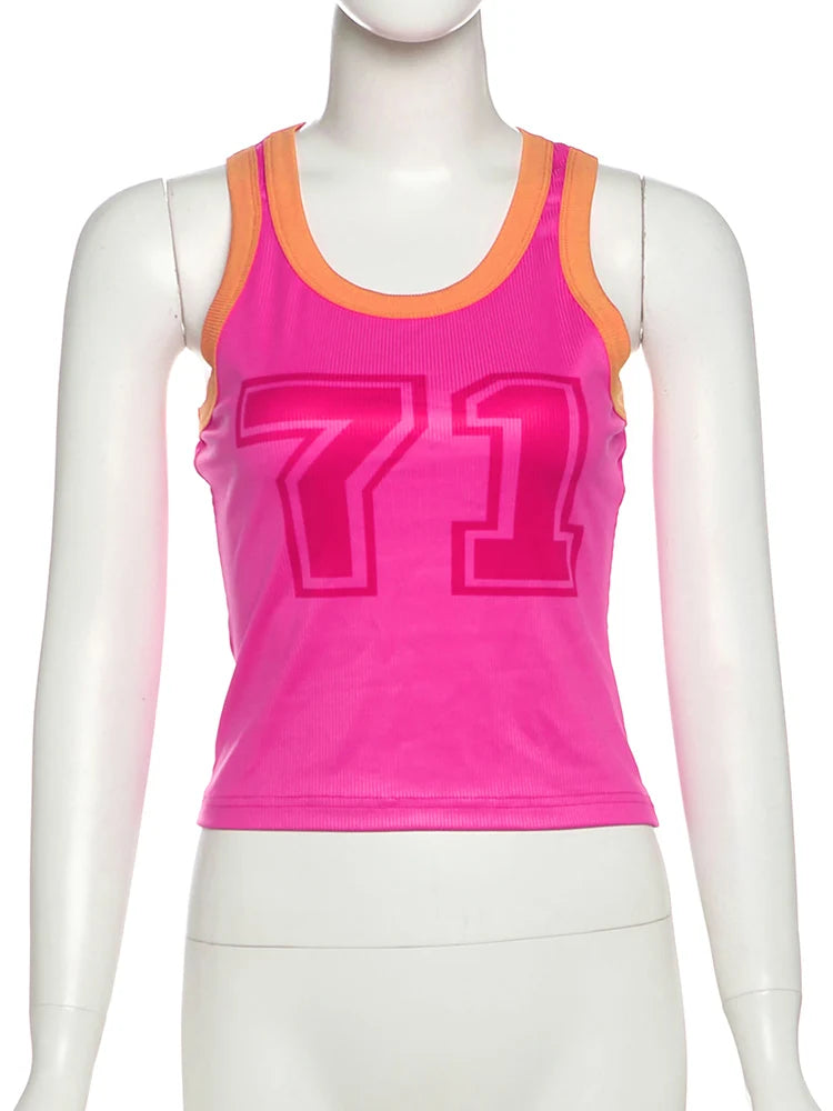 Nibber Sweet Patchwork Vests Women Digital Printing o-Neck Elasticity Skinny Street Daily Hottie Sporty Simple Classic Tops Aviola