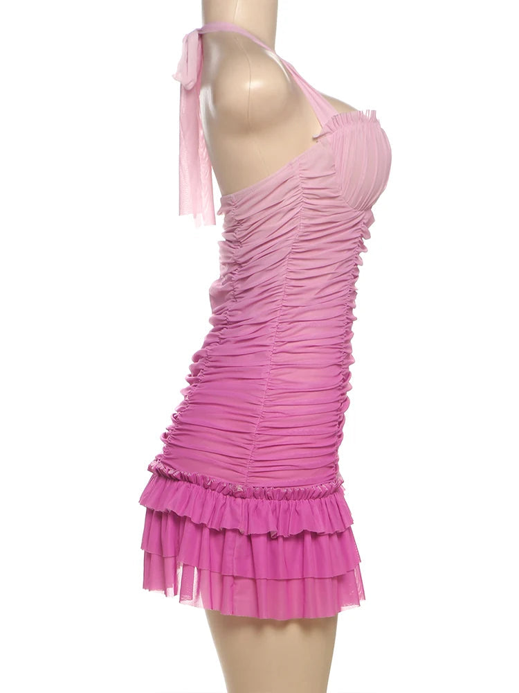 Nibber Gradient Folds Dress Women Halter Bandage Multilayer Ruffles Metal Trim Low-Neck Sleeveless Backless Summer Mini Bodycon Aviola