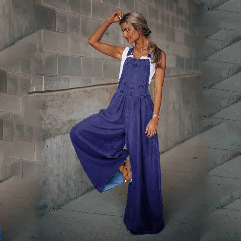 Pocket Design Wide Leg Suspender Denim Jumpsuit for Women Overall Cowboy BibSquare Neck Daily Regular Fit Sleeveless Summer Fall Aviola