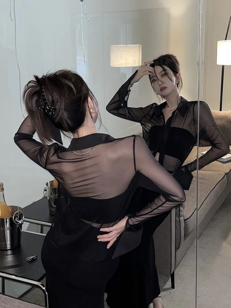 MEXZT Y2K Mesh Sheer Shirts Women Sexy Black See Through Blouses Summer Korean Fashion Aesthetic Long Sleeve Slim Chic Tops New Aviola