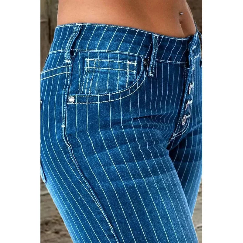 Stripe Jeans Women Mid Waist Flare Pants Ladies Trousers Female Casual Slim 2025 Summer Button High Strecth Elegant Office Lady Aviola