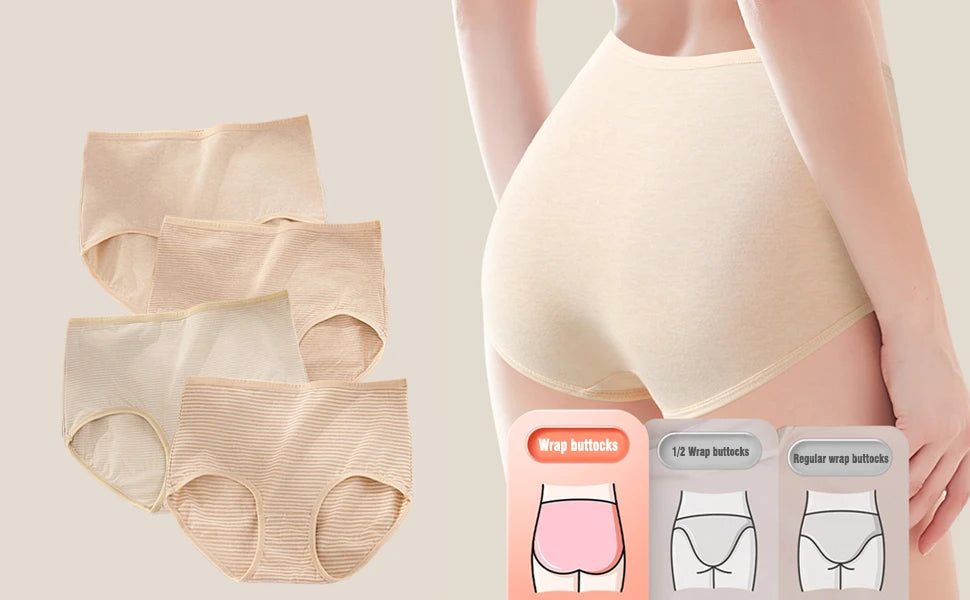4 pcs/Set Women's High Waist Knickers Ladies Cotton Briefs Underwear Full Coverage Soft Breathable Panties Multipack Aviola