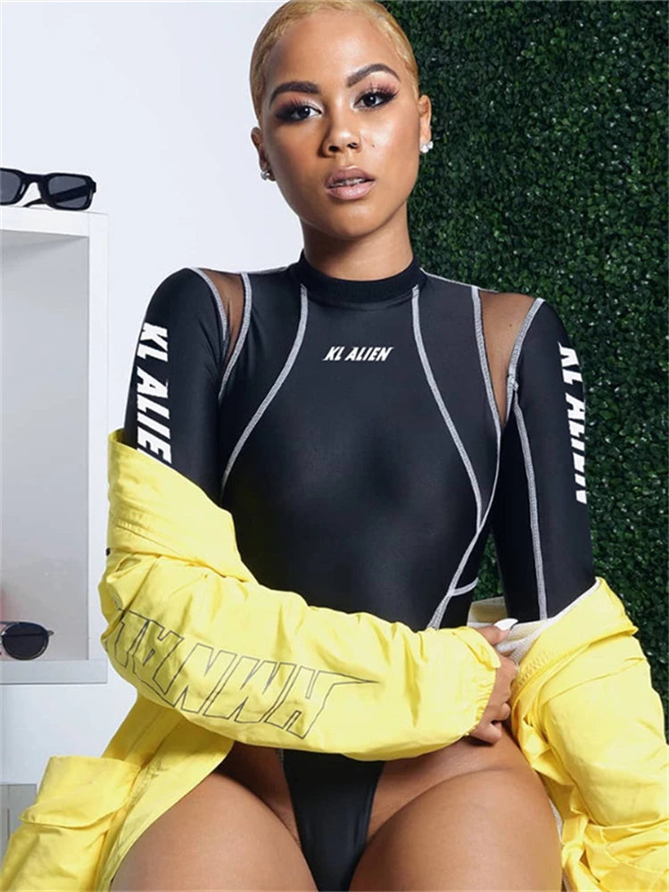 Nibber Mesh Patchwork Letter Print Bodysuits Women Full Sleeve Turtleneck Biker New Fashion Female Top Street Casual Rompers Aviola