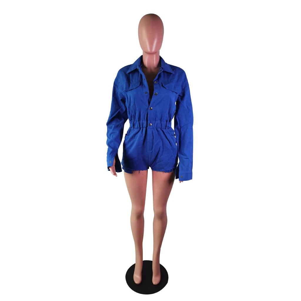 Streetwear Pockets Jeans Jumpsuit Denim Playsuit Women Shorts Turn Down Collar Single Breasted Long Sleeve Rompers Autumn Aviola