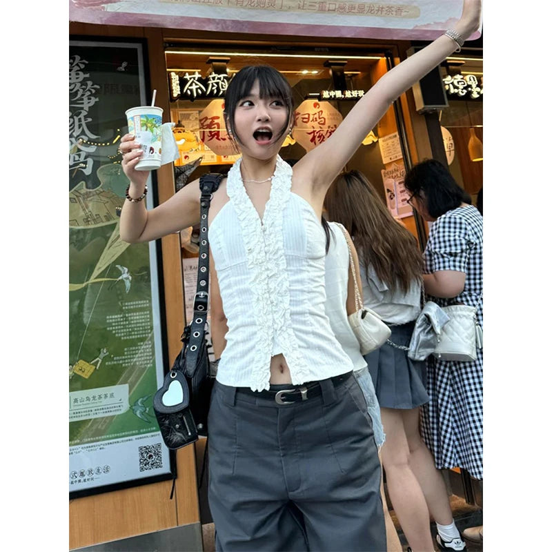 MEXZT Y2K Cropped White Shirts Women Aesthetic Sexy Halter Ruffles Blouses Summer Korean Fashion Off Shoulder Slim Design Tops Aviola