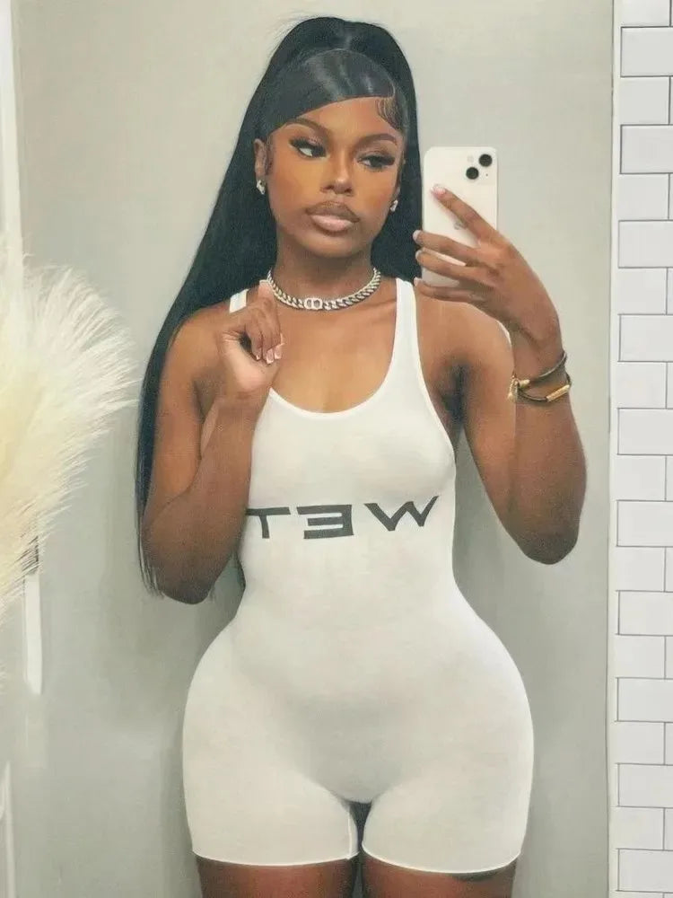 nibber Letter Print Romper Women Low-Neck Sporty Casual Sleeveless Stretch Activity Skinny Playsuit Tight Short Overalls Aviola