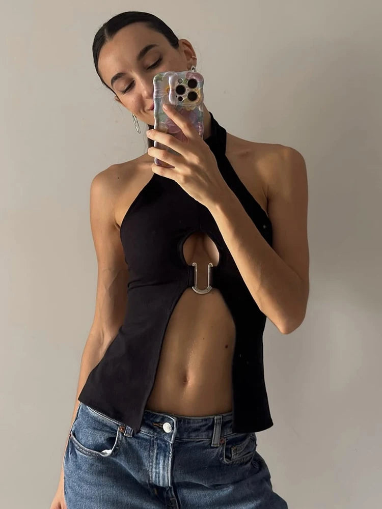 Nibber u-Shaped Metal Ring Tops Women Splits o-Neck Backless Sleeveless Coquette Buttons Halter Sexy Hottie Midnight Clothes Aviola