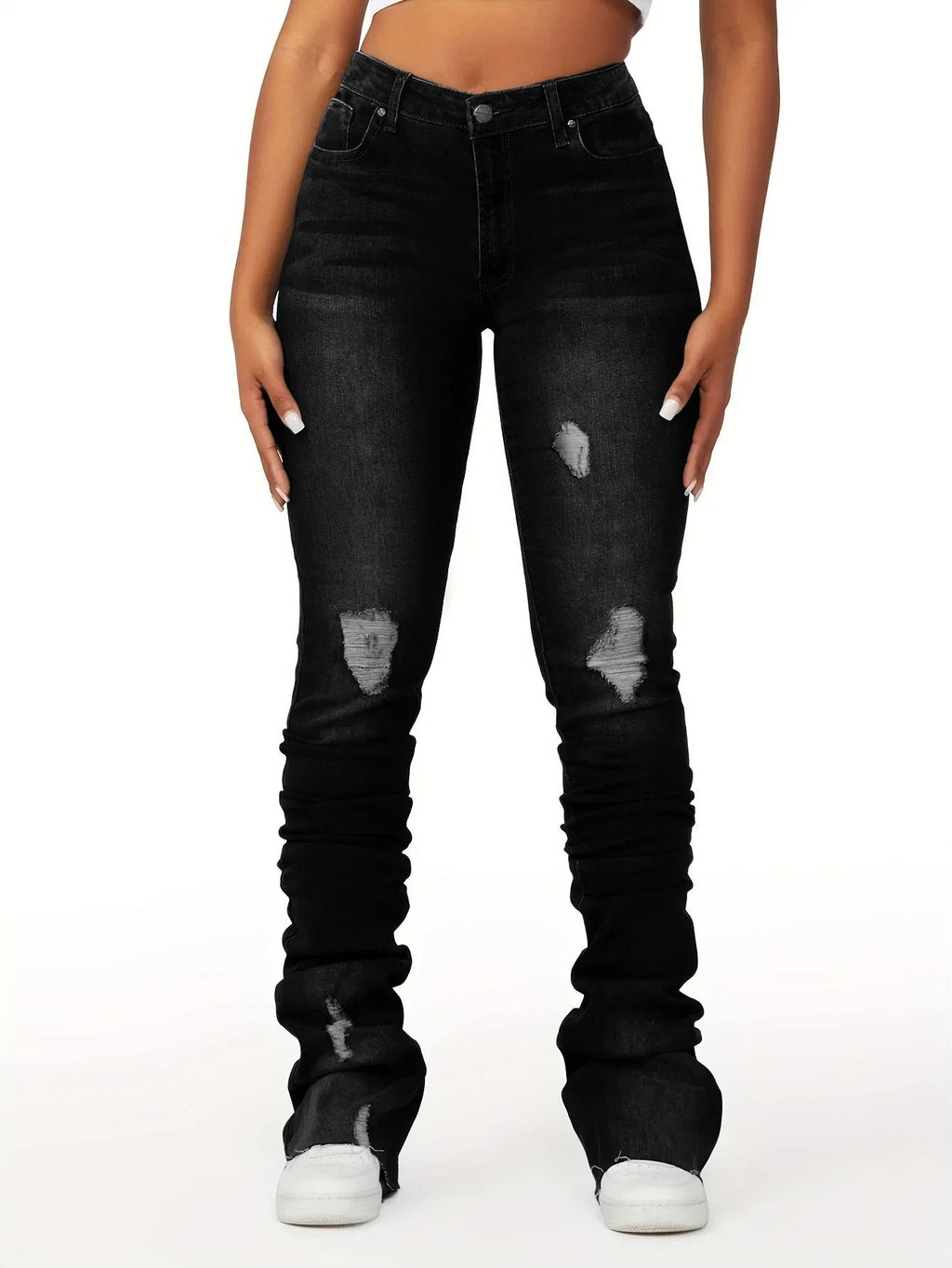 Washed Denim Straight Pants Women Ankle Length Jean Ripped Hole Distressed Pockets Solid Casual Skinny Vintage High Waist Aviola