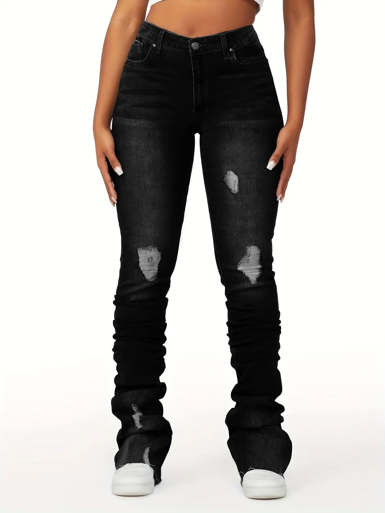 Washed Denim Straight Pants Women Ankle Length Jean Ripped Hole Distressed Pockets Solid Casual Skinny Vintage High Waist Aviola