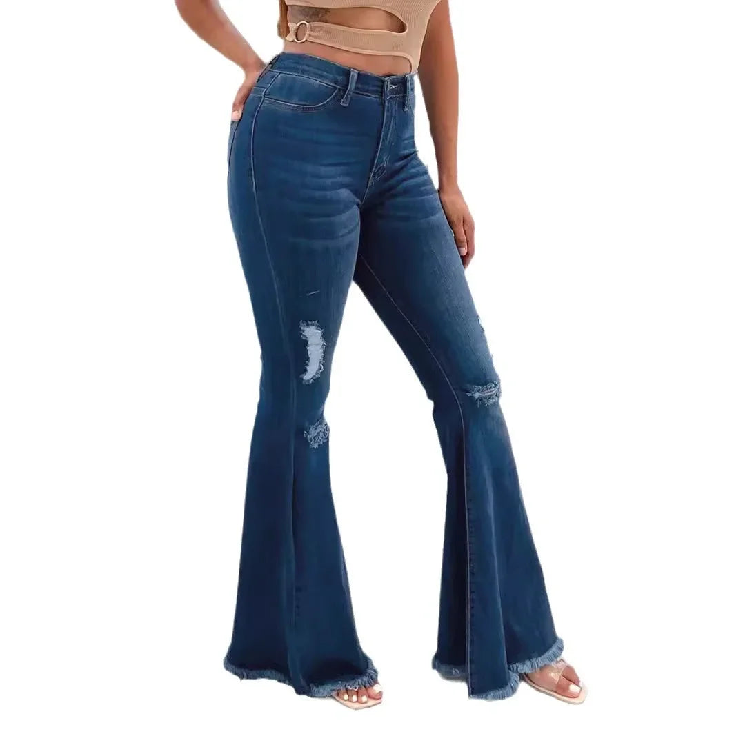 Flare Pants Ripped Jeans for Women Streetwear Mid Waist Stretch Washed Distressed Casual Denim Trousers Hole Boot Cut Mom 2025 Aviola