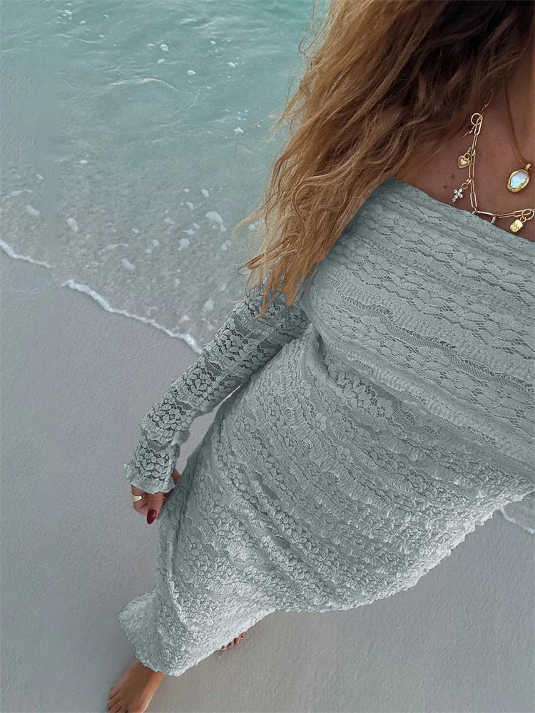 Nibber See Through Vacation Dress Women Jacquard Lapel Slash Neck Backless Full Sleeve Beach Party Elegant Chic Long Bodycon Aviola