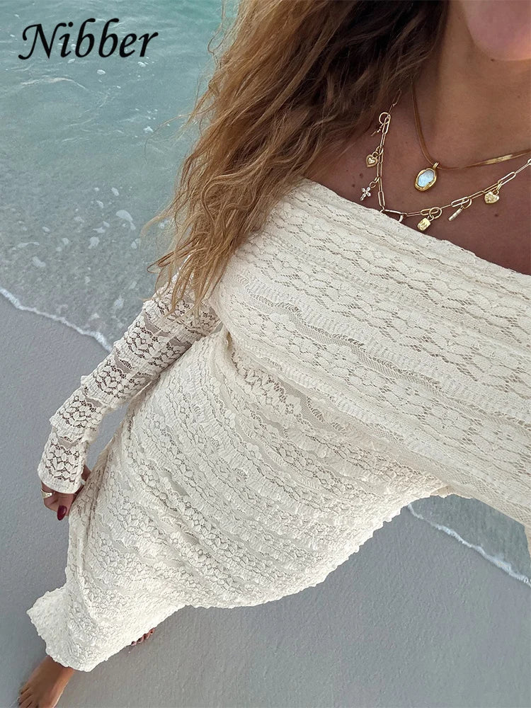 Nibber Vacation Dress Women Jacquard Lapel Slash Neck Backless See Through Full Sleeve Beach Party Elegant Chic Long Bodycon Aviola