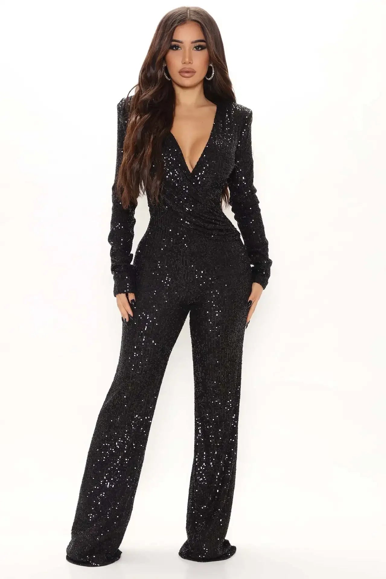 Women Jumpsuits V Neck Rompers Overalls One Piece Formal High Waist Pullover Sexy Sequins Solid Full Length Spring 2024 Aviola
