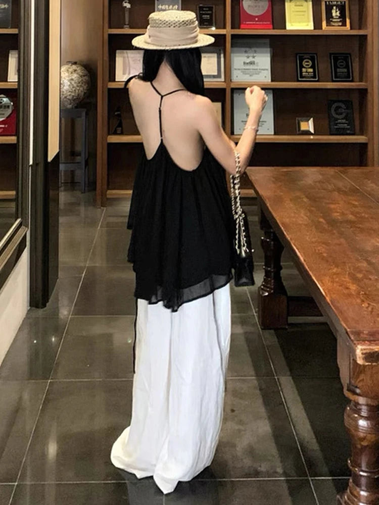 Nibber Backless Dress Women Low-Neck Folds Sleeveless Mesh Solid Summer Fashion Beach Party Vacation Simple Sexy Mini Bodycon Aviola