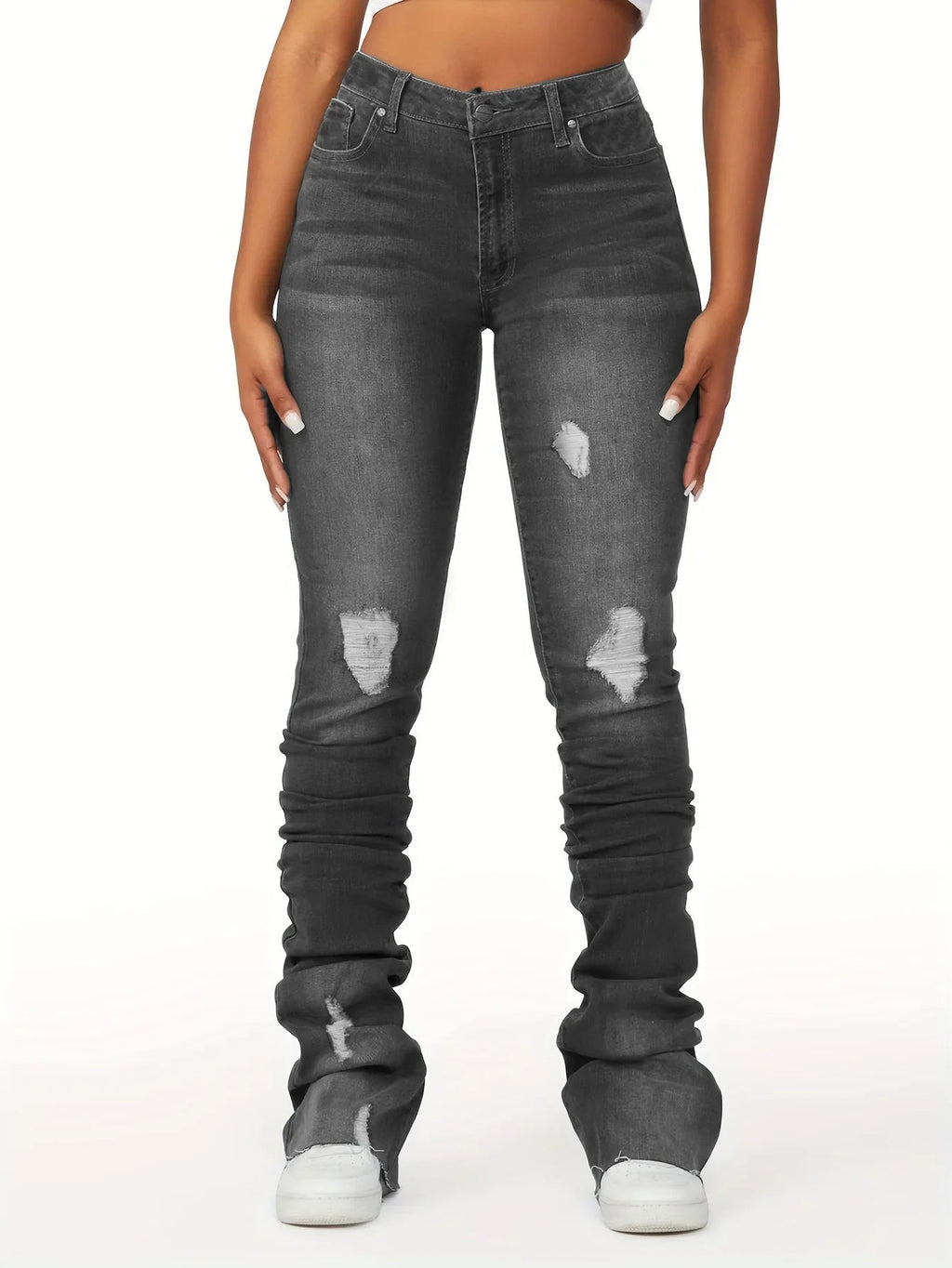 Washed Denim Straight Pants Women Ankle Length Jean Ripped Hole Distressed Pockets Solid Casual Skinny Vintage High Waist Aviola
