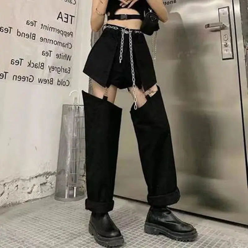 Denim Pant Women Jeans Wide Leg Long Pants Hole Two Fakes High Waist Straight Trousers Y2k Streetwear Elegant Work Summer Aviola